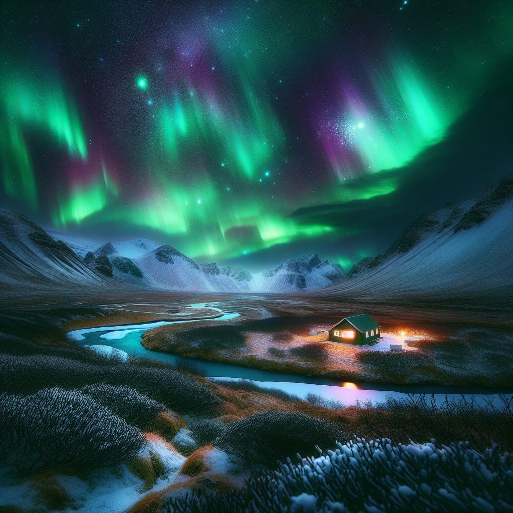 Iceland Aurora Valley Retreats with Sky Glow