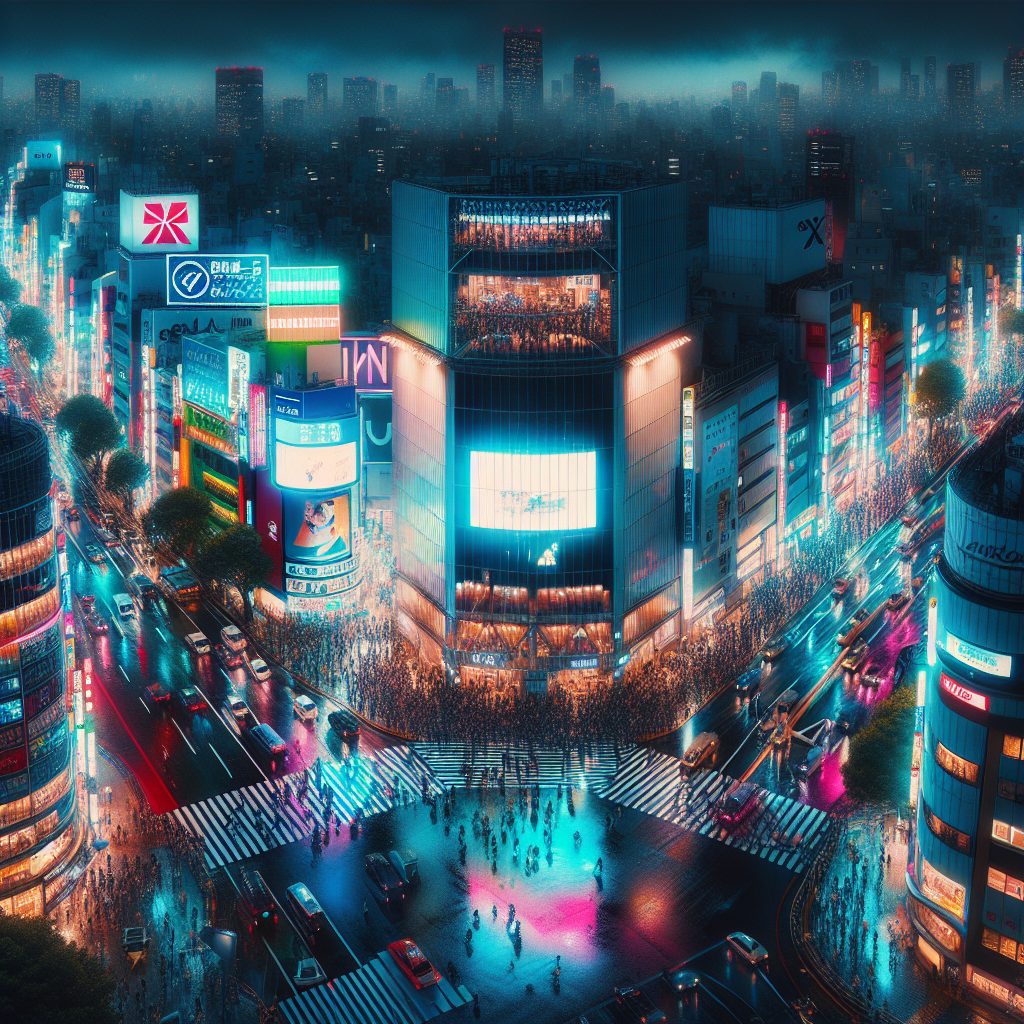 Tokyo Neon Tower Rooms Over Shibuya Crossing